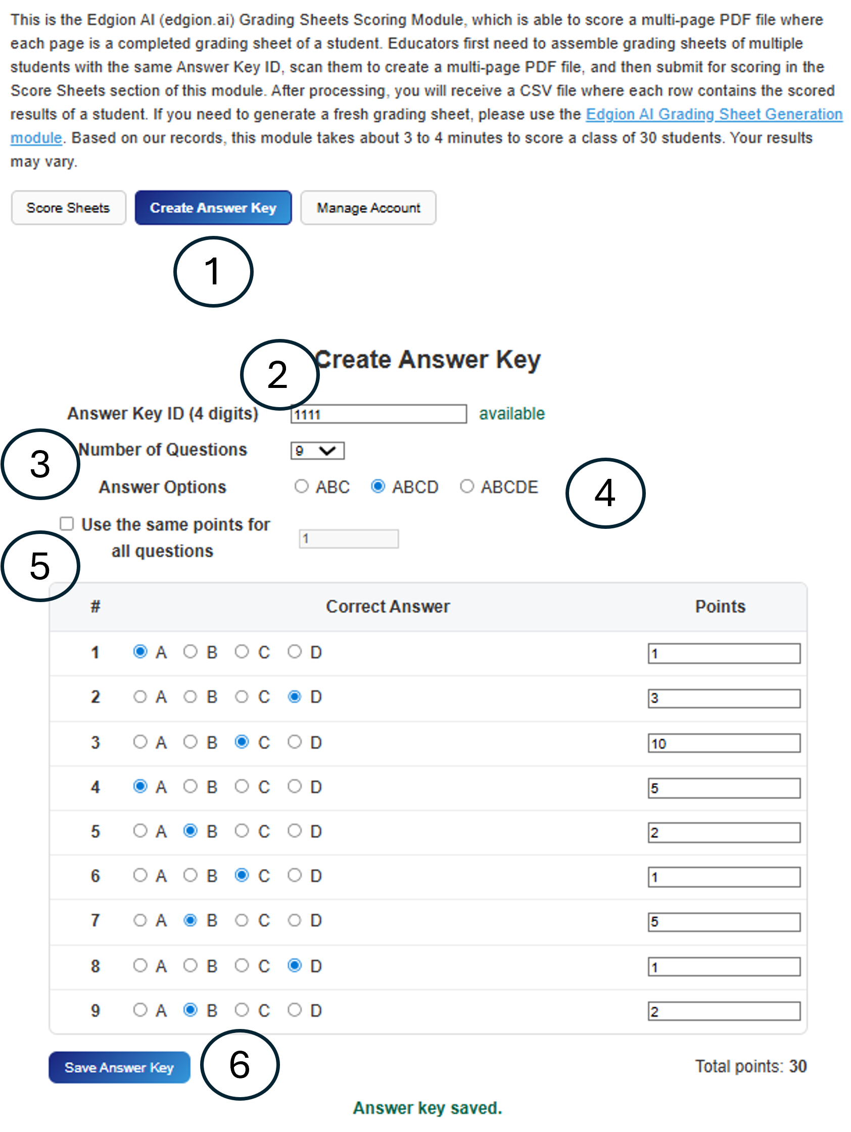 Create Answer Key interface
