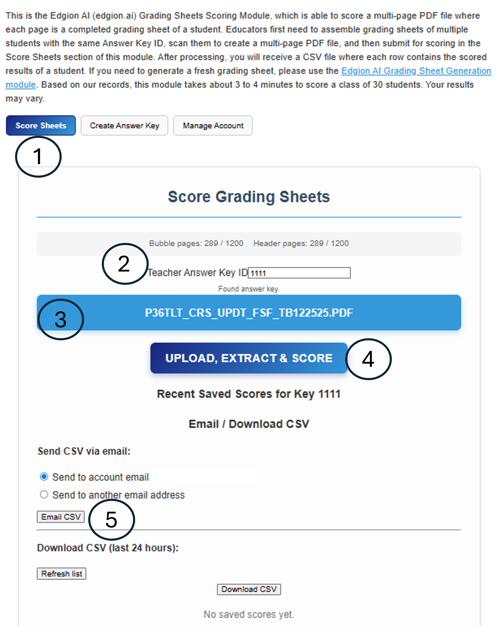 Score Grading Sheets interface