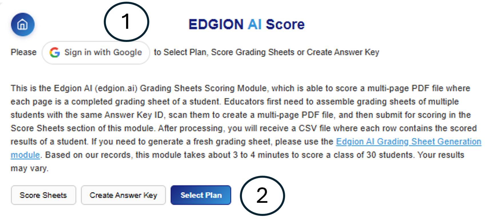 Sign in with Google and Select Plan buttons